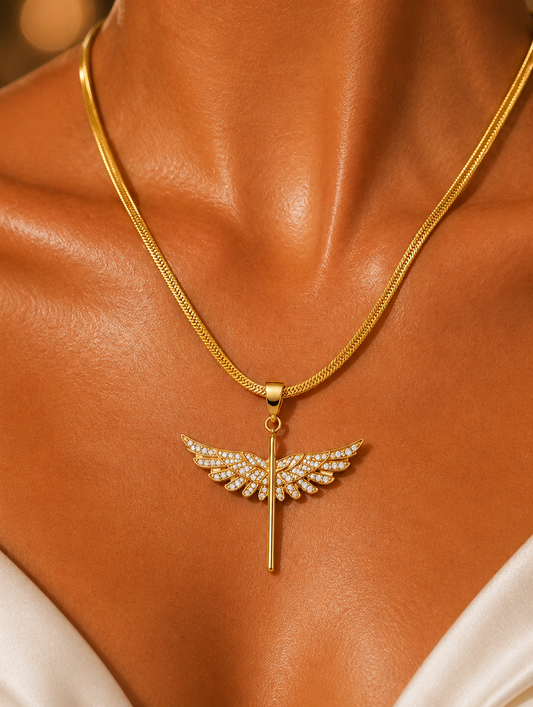 SORVE Gold Angel Wings Cross Necklace with Crystal Pendant Herringbone Chain