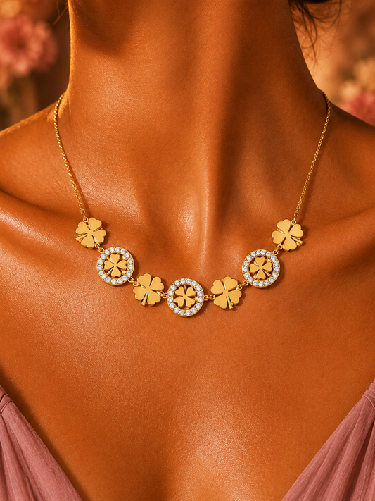 SORVE Gold Four Leaf Clover Crystal Choker Necklace