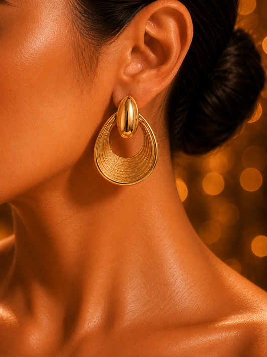 SORVE | Gold Ridged Crescent Drop Earrings for Women | 18K Gold Plated