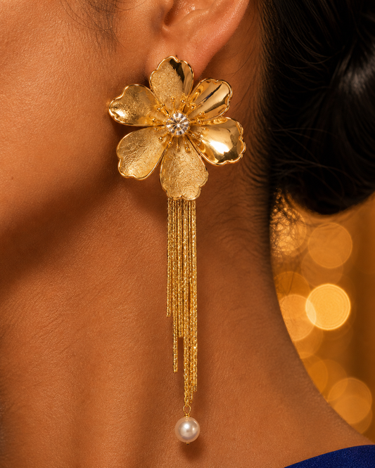 SORVE | Gold Flower Tassel Pearl Drop Earrings for Women | 18K Gold Plated