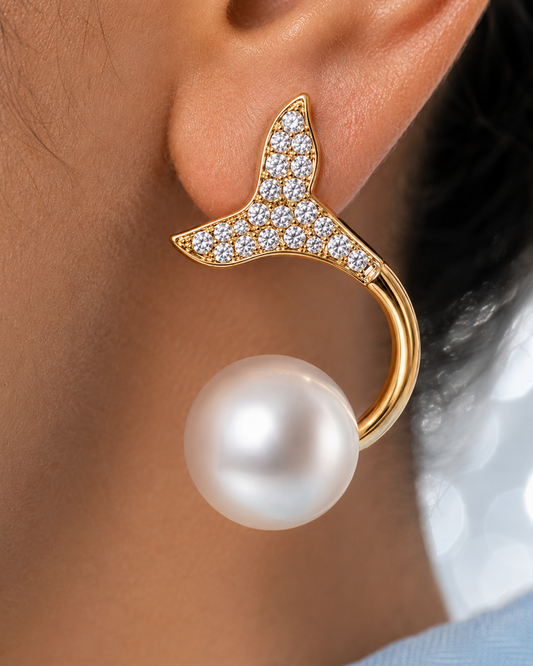 SORVE | Gold Crystal Mermaid Tail Pearl Drop Earrings for Women | 18K Gold Plated