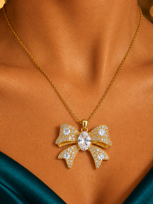 SORVE Gold Bow Crystal Pendant – Premium Necklace