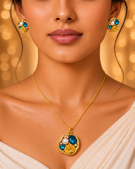 SORVE Luxury Blue Crystal Rose Pendant Set for Women