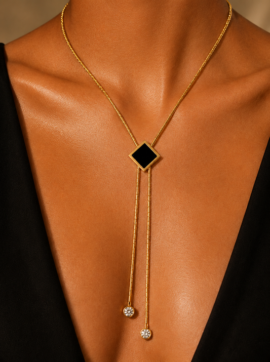 SORVE Onyx Square Lariat Necklace – 18K Gold Plated Geometric Tassel Pendant