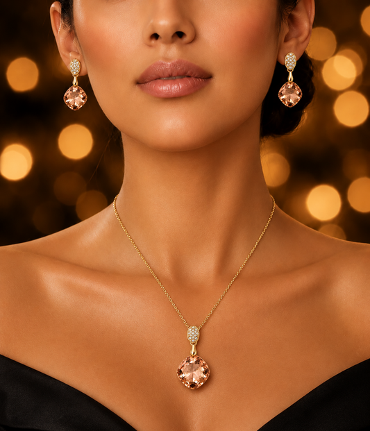 SORVE Peach Crystal Pendant Necklace & Earrings Set