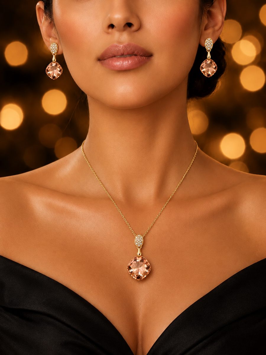 SORVE Peach Crystal Pendant Necklace & Earrings Set