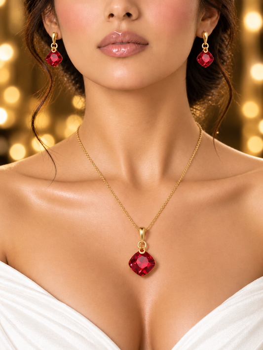 SORVE Ruby Red Crystal Pendant Necklace & Earrings Set