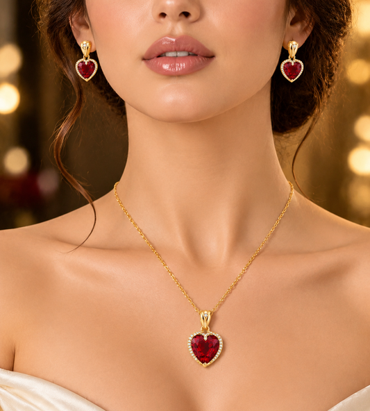 SORVE Ruby Heart Necklace Set with Earrings | Gold Plated