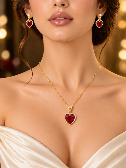 SORVE Ruby Heart Necklace Set with Earrings | Gold Plated