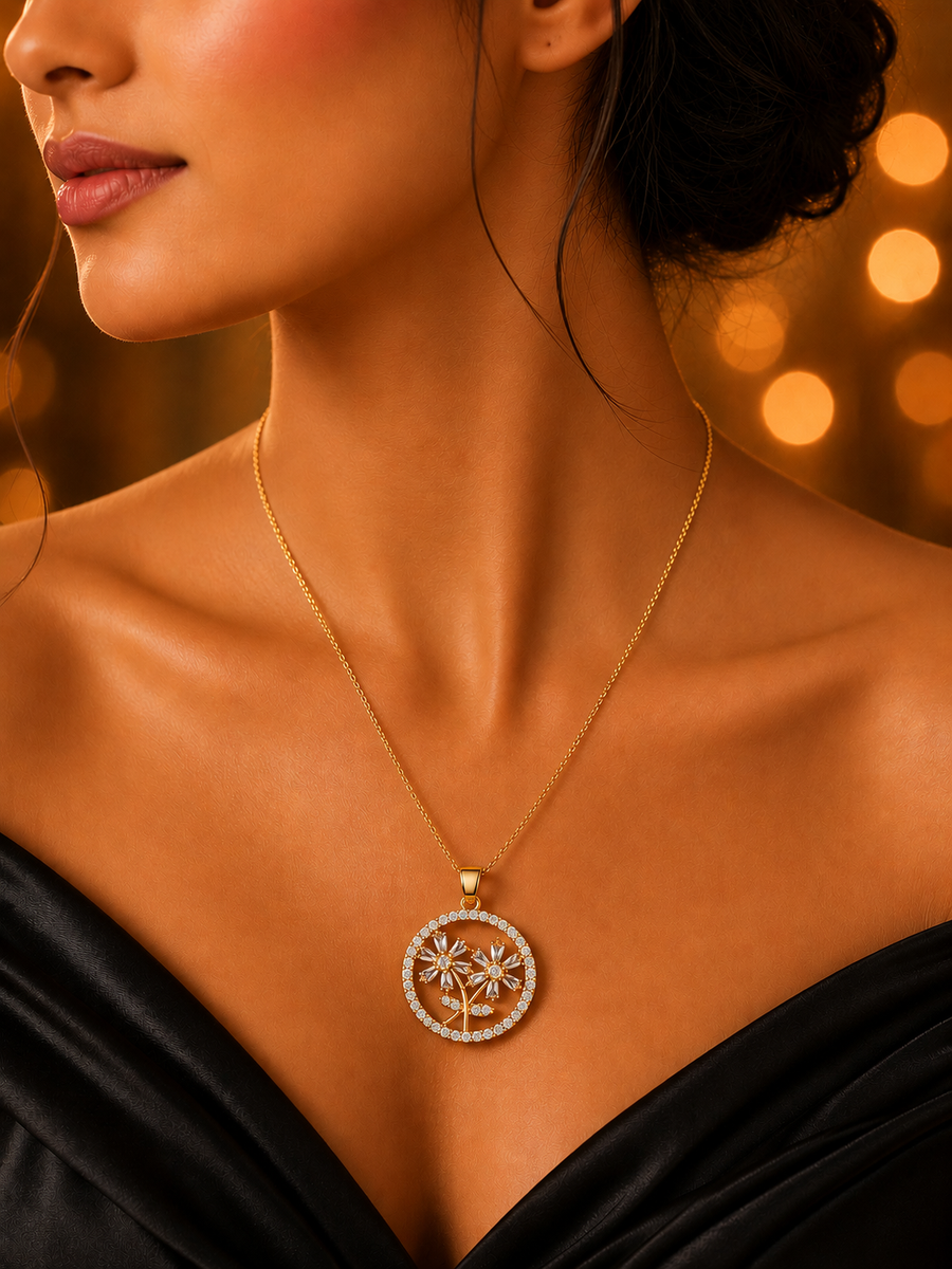 SORVE Floral Crystal Circle Pendant Necklace