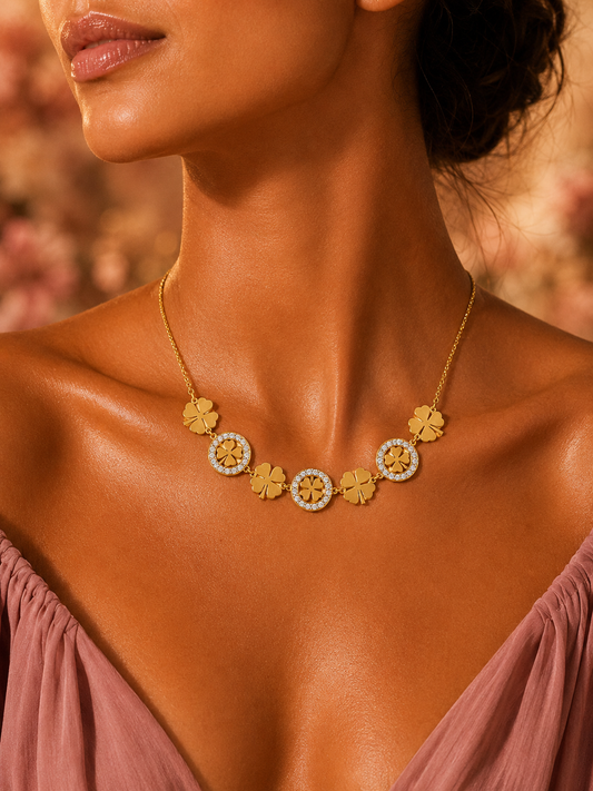 SORVE Gold Four Leaf Clover Crystal Choker Necklace
