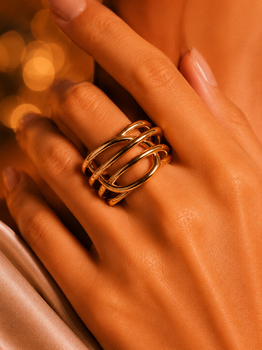 SORVE | Gold Triple Layer Cage Ring | Multi Band Stacked Ring for Women