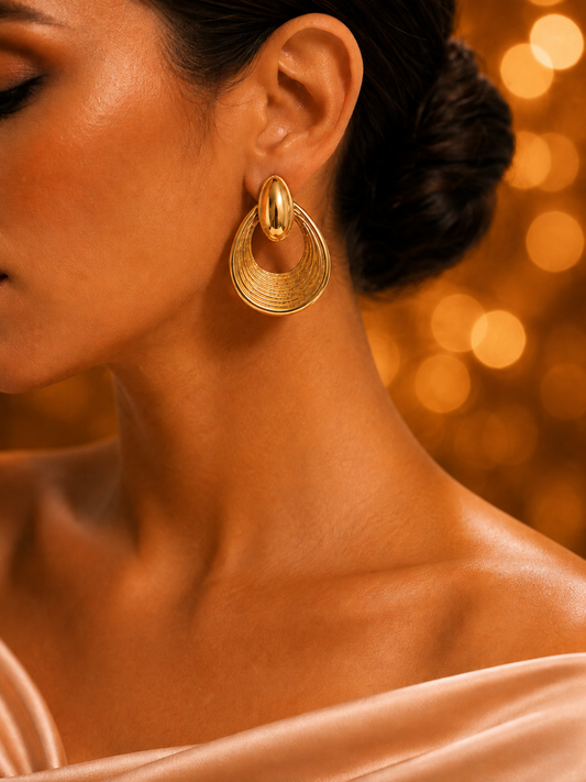 SORVE | Gold Ridged Crescent Drop Earrings for Women | 18K Gold Plated