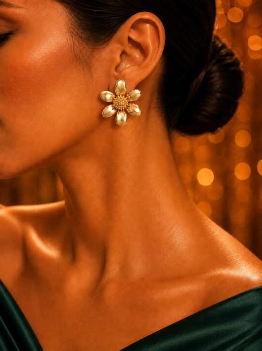 SORVE | Gold Chunky Flower Stud Earrings for Women | 18K Gold Plated