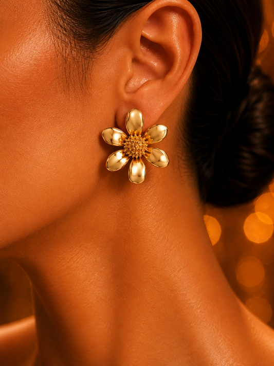 SORVE | Gold Chunky Flower Stud Earrings for Women | 18K Gold Plated