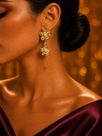 SORVE | Gold Double Flower Pearl Drop Earrings for Women | 18K Gold Plated