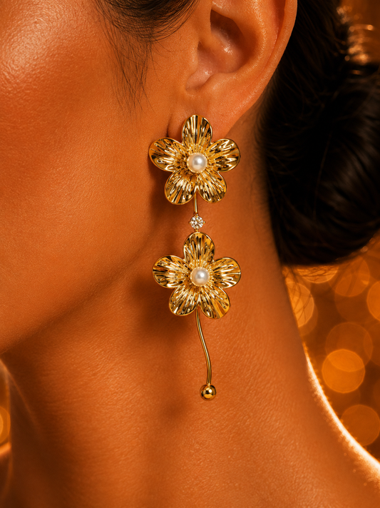 SORVE | Gold Double Flower Pearl Drop Earrings for Women | 18K Gold Plated