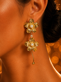 SORVE | Gold Double Flower Pearl Drop Earrings for Women | 18K Gold Plated