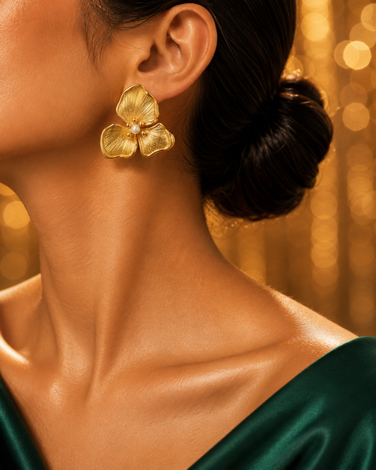 SORVE | Gold Brushed Triple Petal Pearl Stud Earrings for Women | 18K Gold Plated