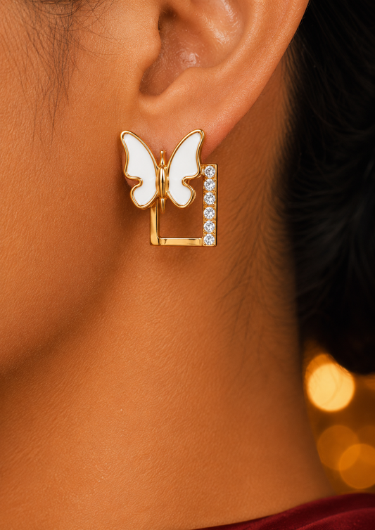SORVE | Gold White Enamel Butterfly Crystal Rectangle Drop Earrings for Women | 18K Gold Plated