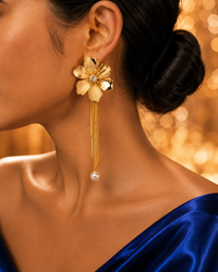 SORVE | Gold Flower Tassel Pearl Drop Earrings for Women | 18K Gold Plated