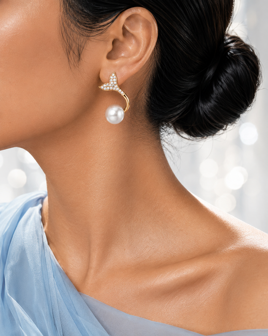 SORVE | Gold Crystal Mermaid Tail Pearl Drop Earrings for Women | 18K Gold Plated