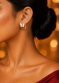 SORVE | Gold White Enamel Butterfly Crystal Rectangle Drop Earrings for Women | 18K Gold Plated