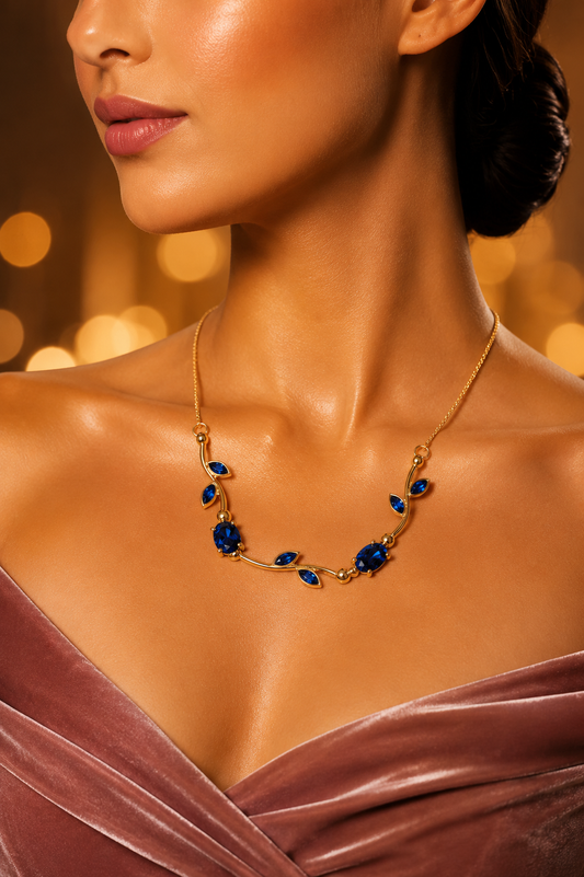 SORVE Elegant Blue Stone Necklace – Premium Gold Vine Design