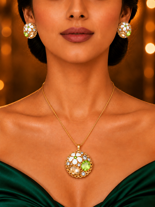 SORVE Elegant Green Crystal Necklace Set – Premium Gold Finish