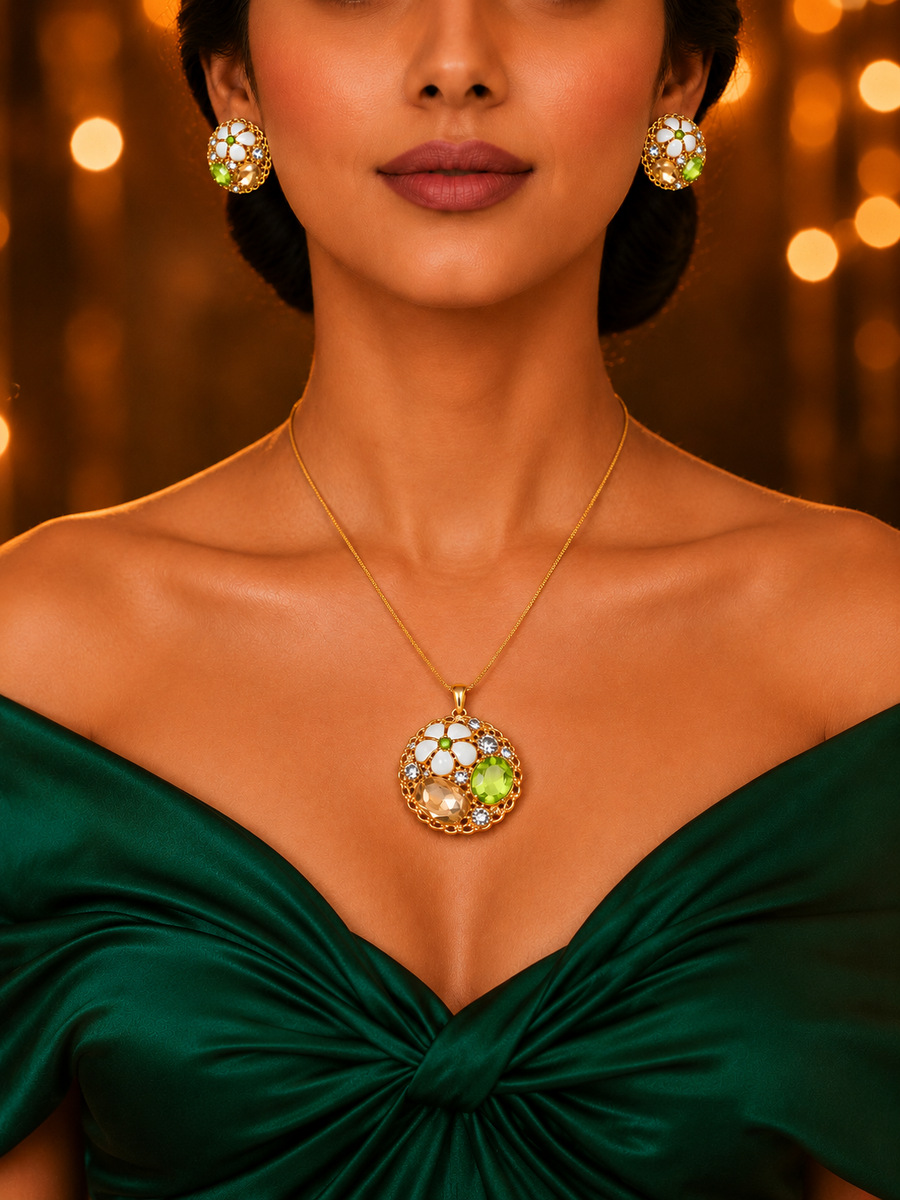 SORVE Elegant Green Crystal Necklace Set – Premium Gold Finish