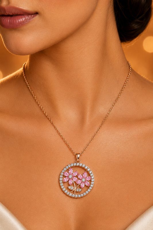 SORVE Pink Floral Pendant Necklace – Luxury Crystal Gold Jewelry
