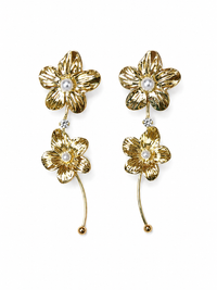 SORVE | Gold Double Flower Pearl Drop Earrings for Women | 18K Gold Plated