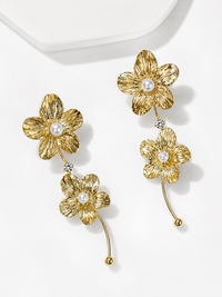 SORVE | Gold Double Flower Pearl Drop Earrings for Women | 18K Gold Plated