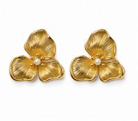 SORVE | Gold Brushed Triple Petal Pearl Stud Earrings for Women | 18K Gold Plated