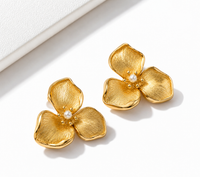 SORVE | Gold Brushed Triple Petal Pearl Stud Earrings for Women | 18K Gold Plated