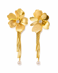 SORVE | Gold Flower Tassel Pearl Drop Earrings for Women | 18K Gold Plated