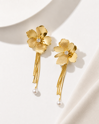 SORVE | Gold Flower Tassel Pearl Drop Earrings for Women | 18K Gold Plated