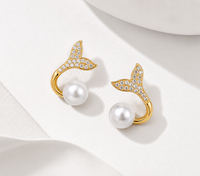 SORVE | Gold Crystal Mermaid Tail Pearl Drop Earrings for Women | 18K Gold Plated