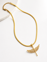 SORVE Gold Angel Wings Cross Necklace with Crystal Pendant Herringbone Chain
