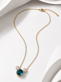 SORVE Gold Teal Blue Crystal Round Pendant Necklace