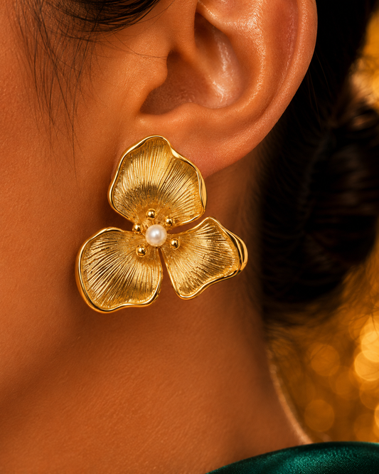 SORVE | Gold Brushed Triple Petal Pearl Stud Earrings for Women | 18K Gold Plated