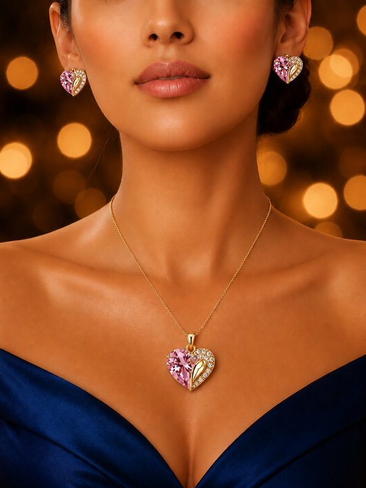 SORVE Pink Heart Pendant Set – Luxury Crystal Gold Jewelry