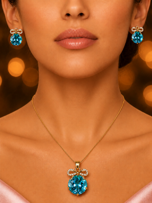 SORVE Blue Crystal Bow Pendant Set – Luxury Gold Jewelry