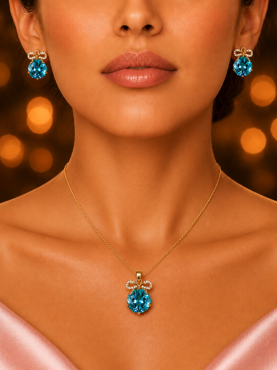 SORVE Blue Crystal Bow Pendant Set – Luxury Gold Jewelry