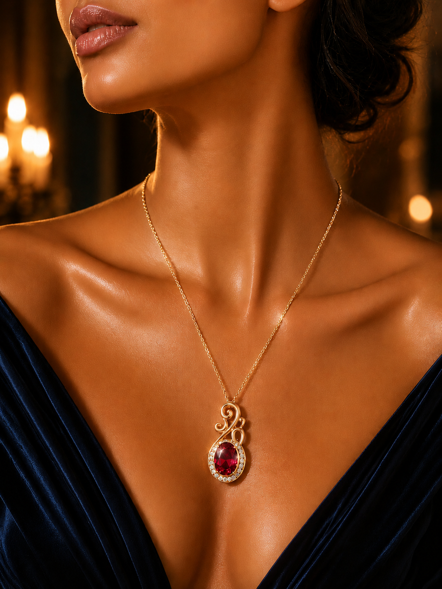 SORVE Vintage Ruby Stone Gold Pendant Necklace