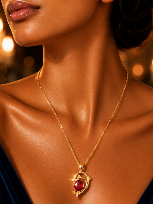 SORVE Gold Dolphin Pendant Necklace with Red Ruby Stone Cable Chain