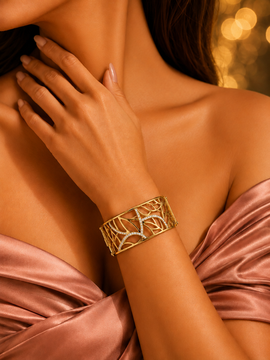 SORVE Luxe Gold Crystal Statement Cuff Bracelet for Women
