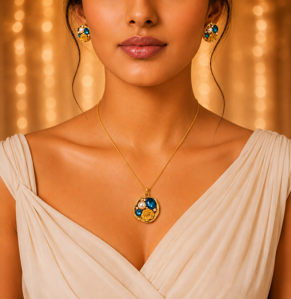 SORVE Luxury Blue Crystal Rose Pendant Set for Women