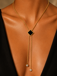 SORVE Onyx Square Lariat Necklace – 18K Gold Plated Geometric Tassel Pendant